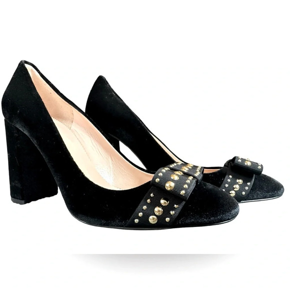 J. Crew Shoes - J. Crew Plush Velvet Gold-Studded Bow Rounded Toe Block Heels